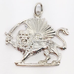 925 Sterling Silver Shir Khorshid Lion & Sun Persian Pahlavi Kingdom Pendant Made in USA