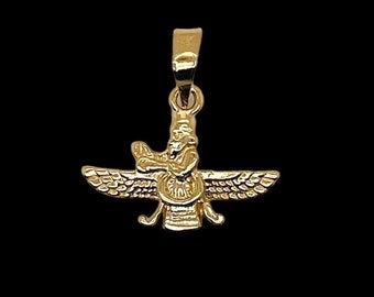 18k Yellow Gold Farvahar Ahura Zoroastrian Persian Achaemenian Pendant 18 mm High Quality Made in USA