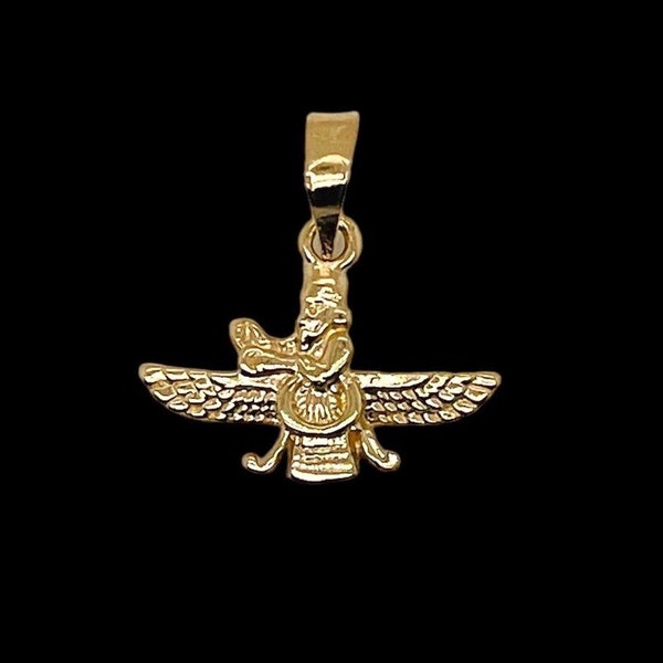 Pendentif Farvahar Ahura zoroastrien persan achéménide en or jaune 18 carats de haute qualité fabriqué aux États-Unis
