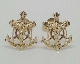 14k Yellow Gold Christ/Mariners Anchor Cross Stud Earrings Push Back 11MM