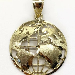 Echt 10K Gelbgold 1,3 "Runder Globus Planet Erde Weltkarte Anhänger 5 Gramm
