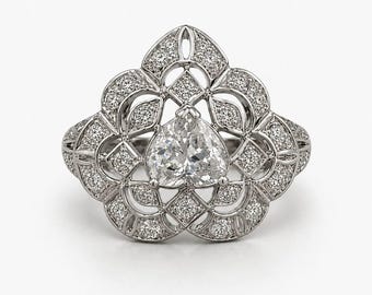 18K White Gold Vintage Heart Diamond Ring 0.65 CTW Art Deco Size 6.5