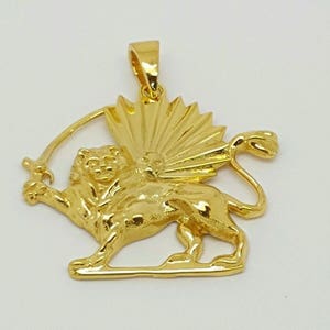 18k solid yellow gold Shir Khorshid Lion & Sun Persian Pahlavi Kingdom pendant High Quality Made in USA