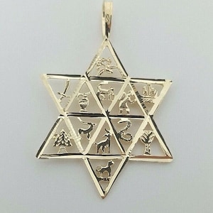 Star of David Twelve Tribes of Israel Jewish 14k Solid Yellow Gold Pendant 23MM