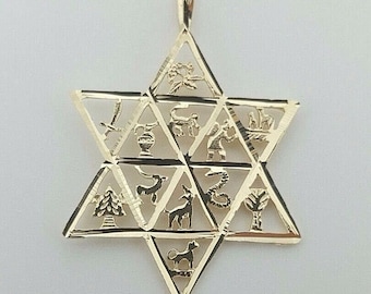 Star of David Twelve Tribes of Israel Jewish 14k Solid Yellow Gold Pendant 23MM