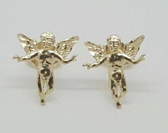 Orecchini a bottone con angelo in oro giallo massiccio 14k con chiusura a pressione