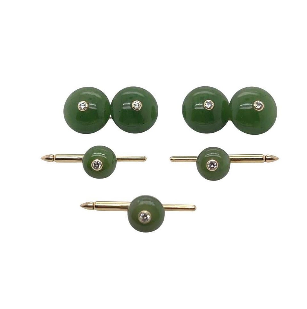Boutons De Manchette Vintage Or 14K Avec Disque De Jade Vert - Occasion
