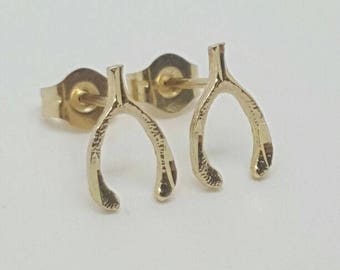 14k Solid Gelbgold Wishbone viel Glück Ohrstecker Druck zurück 9 MM