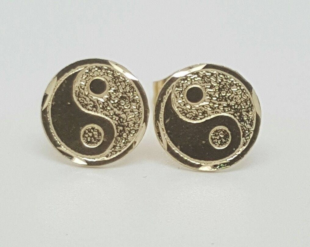 14K Yin Yang Earrings, 14K Solid Yellow Gold Screw Back Yin Yang Stud Earrings, Enamel Gold Spiritual Yoga Earrings, Balance Harmony Stud