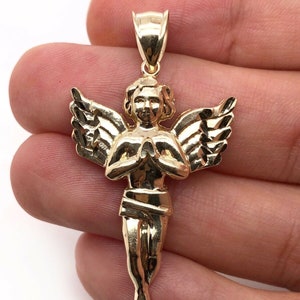 Real 10K Yellow Gold 1.77&quot; Large Praying Angel Charm Pendant Men&#39;s Pendant 4.5 Gr