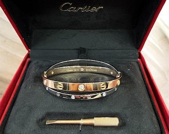 Cartier Double Love Bracelet 12 Diamonds 18k Rose White Gold Size 17