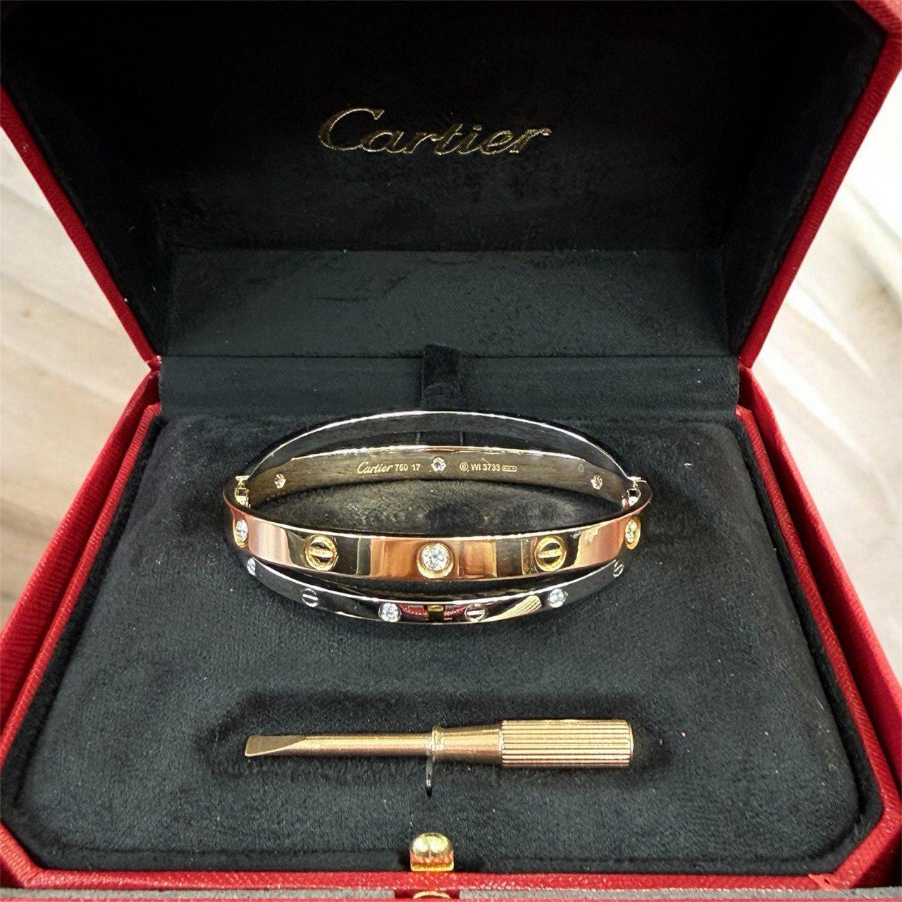 Cartier Double Love Bracelet 12 Diamonds 18k Rose White Gold Size 