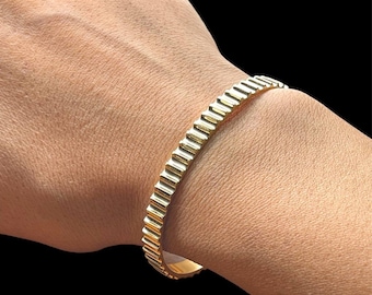 Brazalete tipo brazalete acanalado de oro amarillo macizo de 18 quilates, 20,3 g, talla 6,5-7 pulgadas, unisex