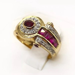 Vintage 18k Yellow Gold 1.22 TCW Natural Diamond & Red Ruby Ring Size 6