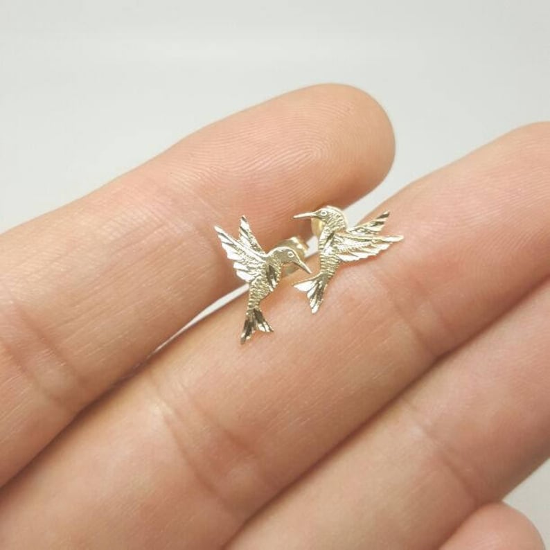 14k Solid Gold Hummingbird Stud Earrings - Etsy