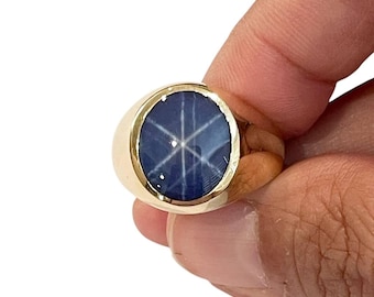 Anillo de oro de 14 quilates con zafiro estrella, talla 11, cabujón de estrella azul sintético de 16 mm.