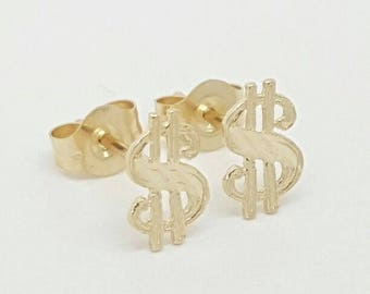 14k Solid Gelbgold kleine Dollar Zeichen Ohrstecker