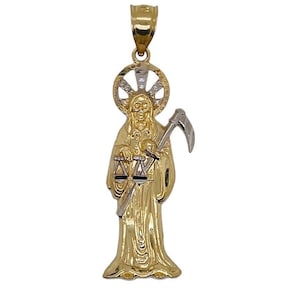 14k Solid Yellow Gold Santa Muerte Holy Death Pendant Men&#39;s Women&#39;s 1.18&quot;