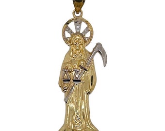 14k Solid Yellow Gold Santa Muerte Holy Death Pendant Men&#39;s Women&#39;s 1.18&quot;