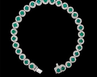 14K White Gold Natural Diamond and Emerald Cluster Tennis Bracelet 7.5"