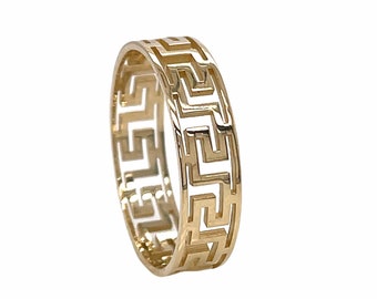 14K Gelbgold 6 MM Griechischer Schlüssel Band Ring Größe 4-11 Unisex