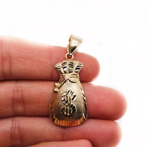 Hombres 10K oro amarillo grande dólar afortunado signo bolsa de dinero colgante 3.8 gramos 1.3"
