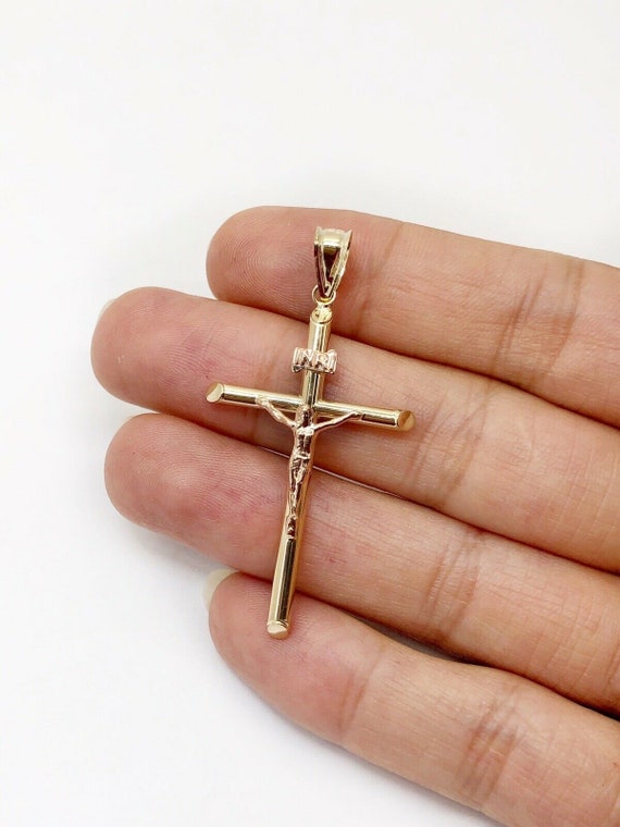 14K White Gold Jesus Hollow Tube Crucifix Cross Charm Pendant