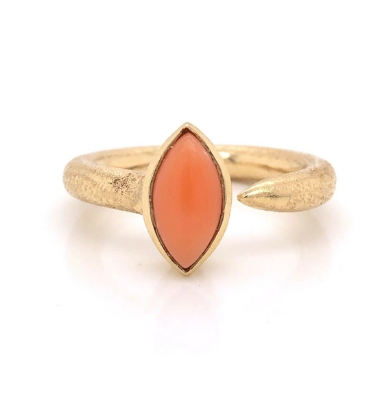 14K Yellow Gold Marquise Salmon Coral Round Shank 