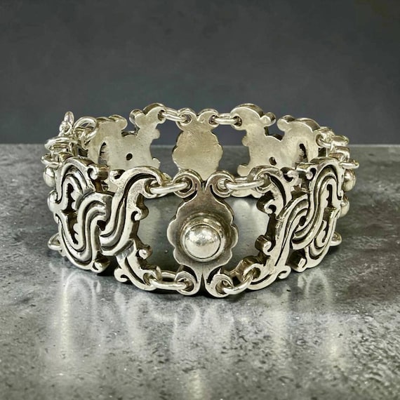 Vintage Taxco Mexico 980 Silver Bracelet 8” Heavy Ornate Wide 1” Signed