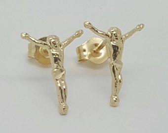 14k Solid Gelbgold Jesus Christus Kreuz Ohrstecker Ohrringe Push Back