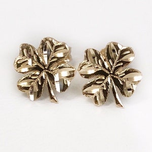 14k Solid Yellow Gold Clover Flower Leaf Stud Earrings Lucky Clover 9 MM