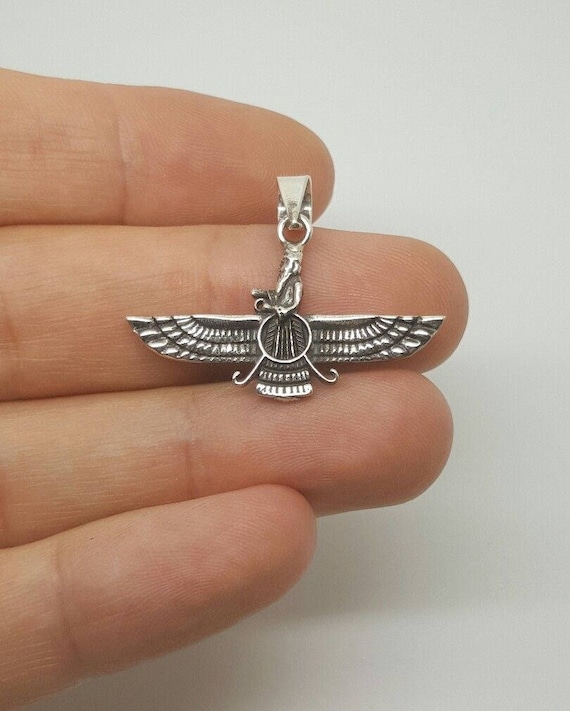 テスラプレート チャクラバランサー 925 Silver Ahura Mazda Farvahar Zoroastrian Persian Pendant Black