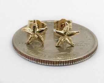 14k Solid Yellow Gold Starfish Sea Life Ocean Summer Stud Earrings PushBack 7MM