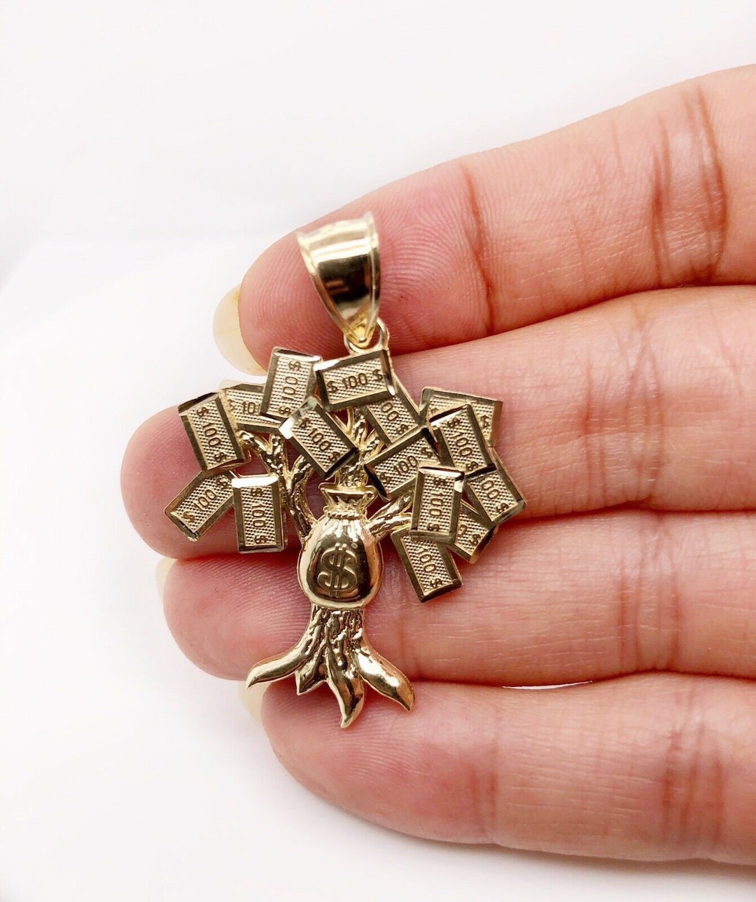 10K Yellow Gold Diamond Cut Lucky Money Bag Tree Pendant