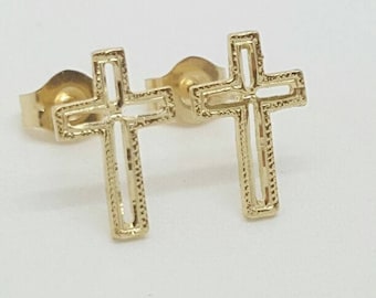 14k Solid Gelb Gold Kreuz Ohrstecker Push Back 10 MM