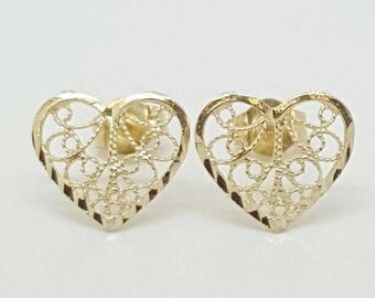 14k Solid Yellow Gold Heart Stud Earrings Push Back 10MM