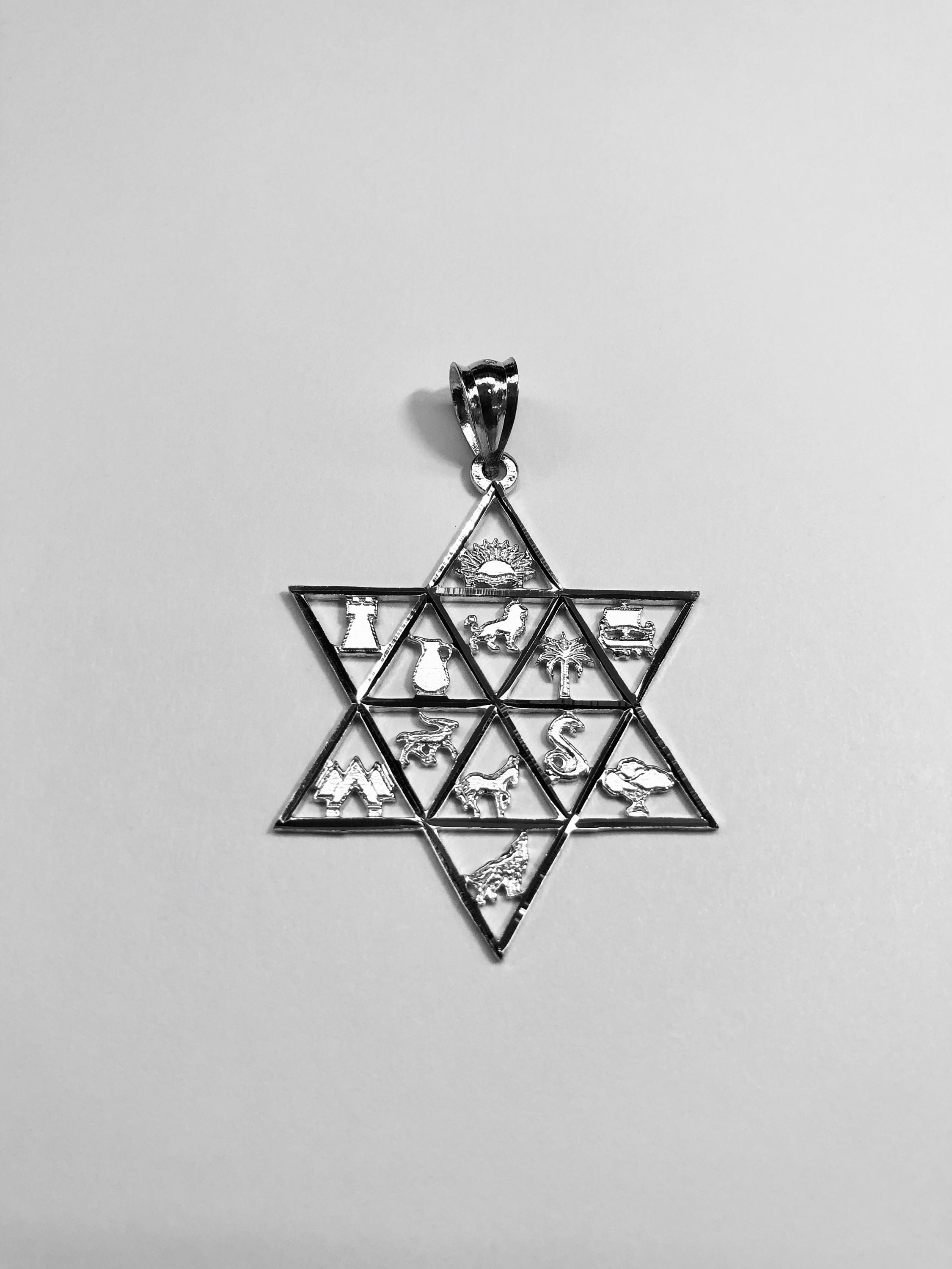 Solid 14k Yellow Gold Jewish Star Of David Charm 12 Tribes Of Israel Pendant Necklace