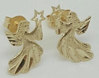 14k Solid Yellow Gold Fairy Angel Stud Earrings Push Back