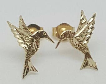 14k Solid Yellow Gold Hummingbird Stud Earrings Push Back 13MM