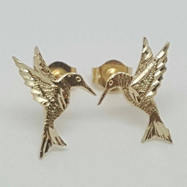 14k Solid Yellow Gold Hummingbird Stud Earrings Push Back 13MM