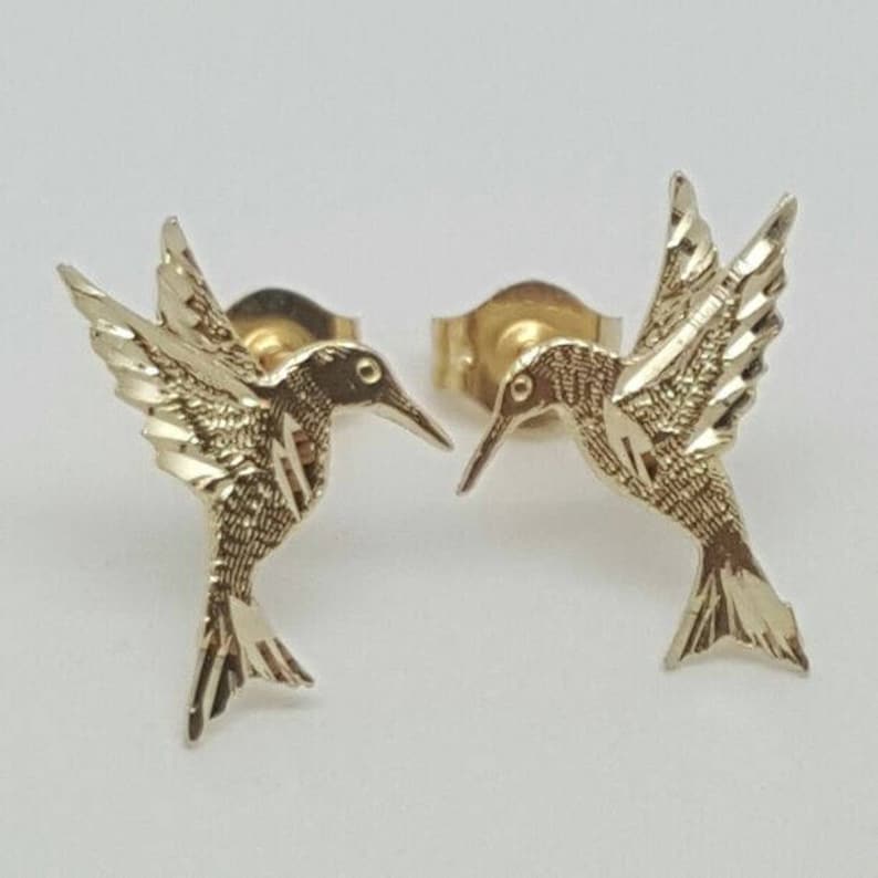 14k Solid Gold Hummingbird Stud Earrings Etsy