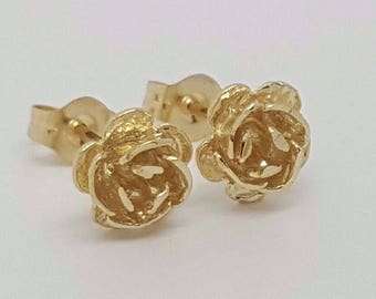 14k Solid Yellow Gold Rose Flower Stud Earrings Push Back 7MM