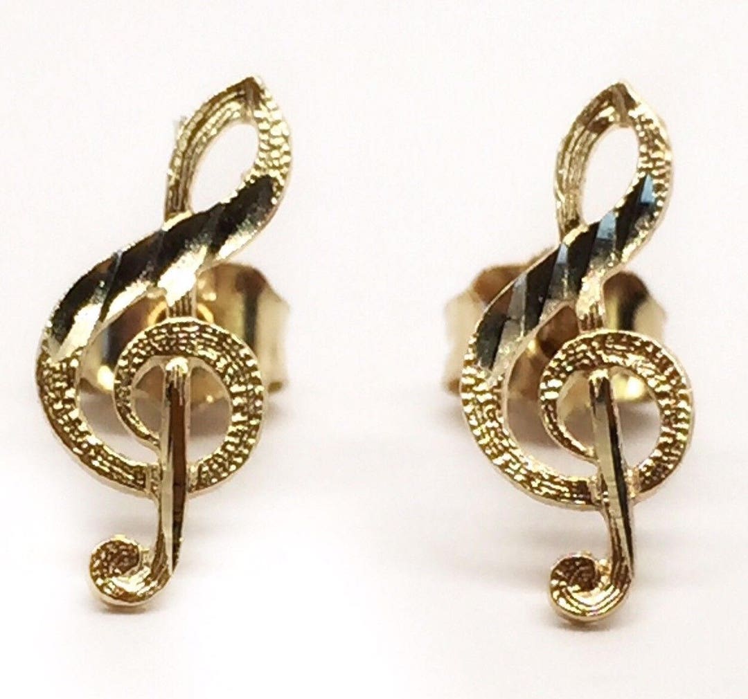 14k Solid Yellow Gold Music Note Melody Treble Clef Stud Earrings Push
