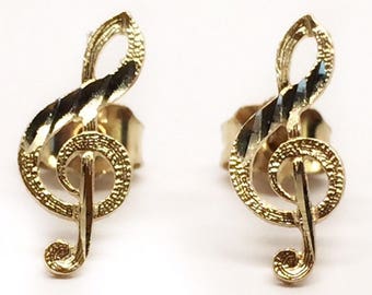 14k Solid Yellow Gold Music Note Melody Treble Clef Stud Earrings Push Back 12MM