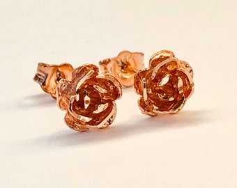 14k Solid Rose Gold Rose Flower Stud Earrings Women/Girls Push Back 7 MM