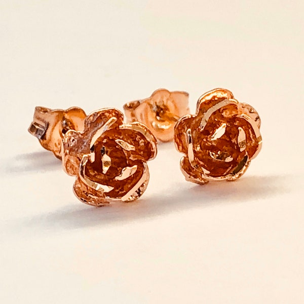 14k Solid Rose Gold Rose Flower Stud Earrings Women/Girls Push Back 7 MM