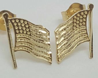 14k Solid Gelbgold Amerikanische Flagge Ohrstecker Push Back 10 MM USA Unisex