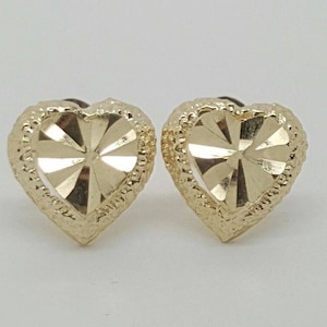 14k Solid Yellow Gold Diamond Cut Heart Stud Earrings Push Back
