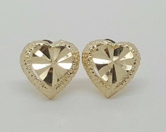 14k Solid Yellow Gold Diamond Cut Heart Stud Earrings Push Back