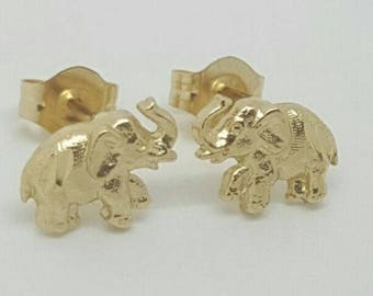 14k Solid Yellow Gold Elephant Stud Earrings Push Back 8 MM